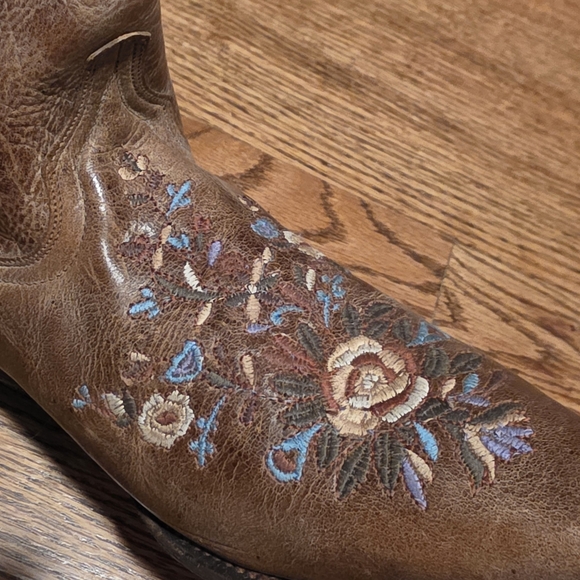 Shyanne Floral Embroidered Tan Heeled Boots - Picture 7 of 8